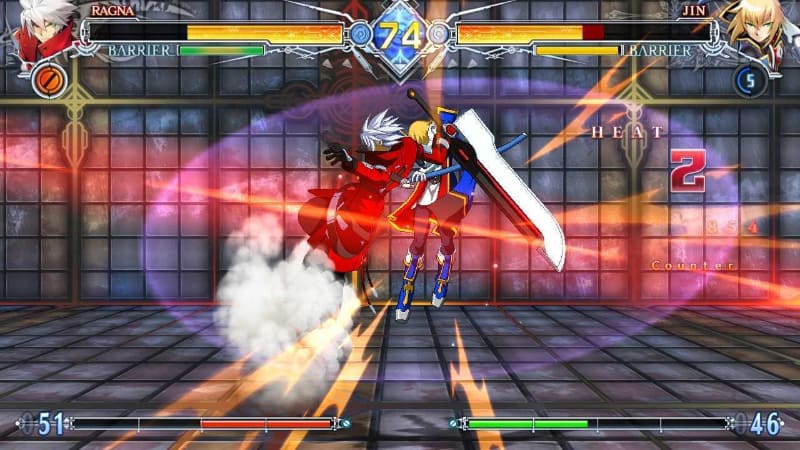 画面は「BLAZBLUE CENTRALFICTION」。いわゆる昇竜コマンド（右、下、右下）のようなコマンドをマクロに設定しておくことで、ワンボタンで技を繰り出すことができる