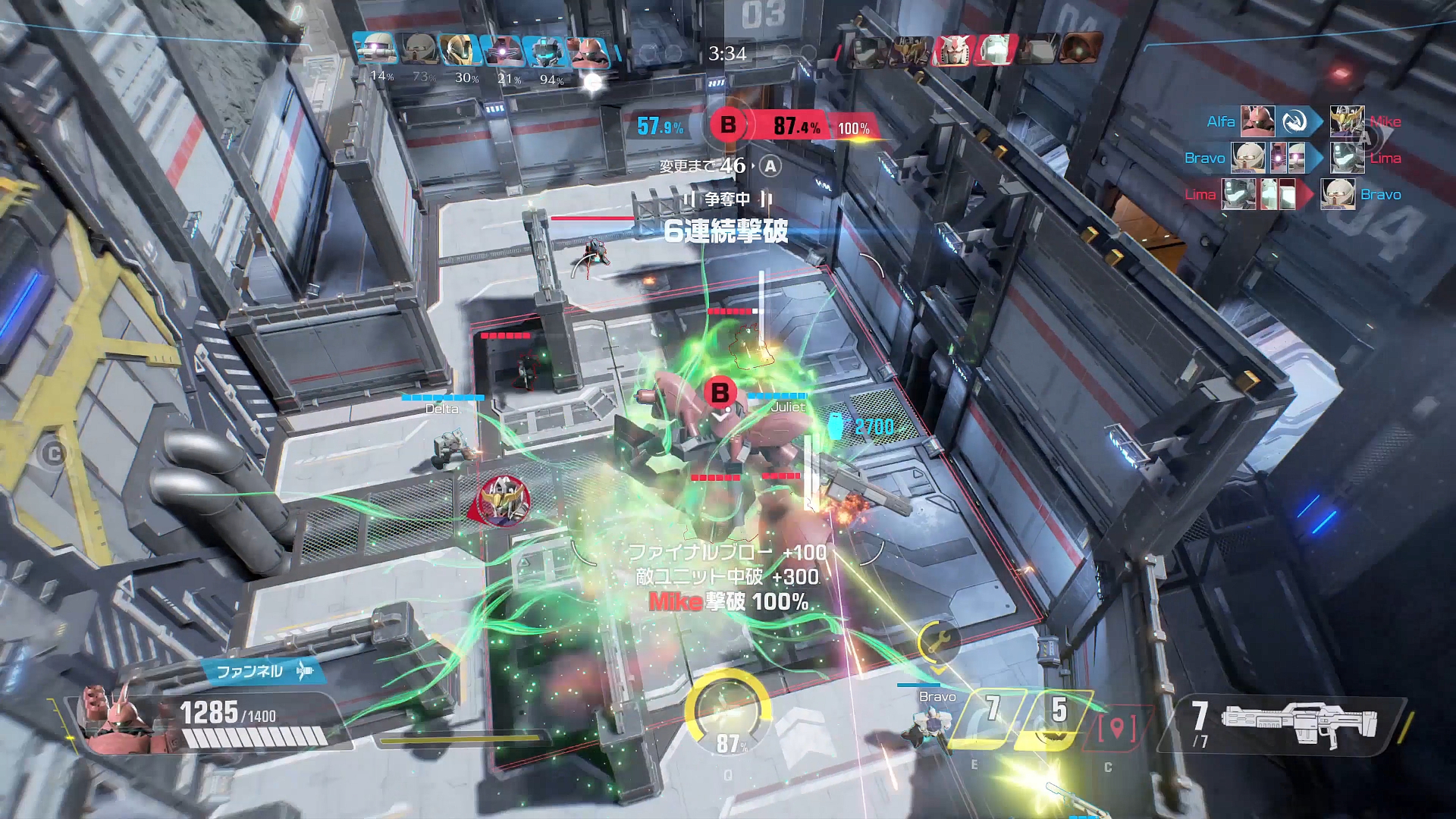 画面中央下のゲージが最大まで溜まるとGマニューバを発動できる。サザビーの場合サイコフレームの演出と共にファンネルを敵へ向けて展開する