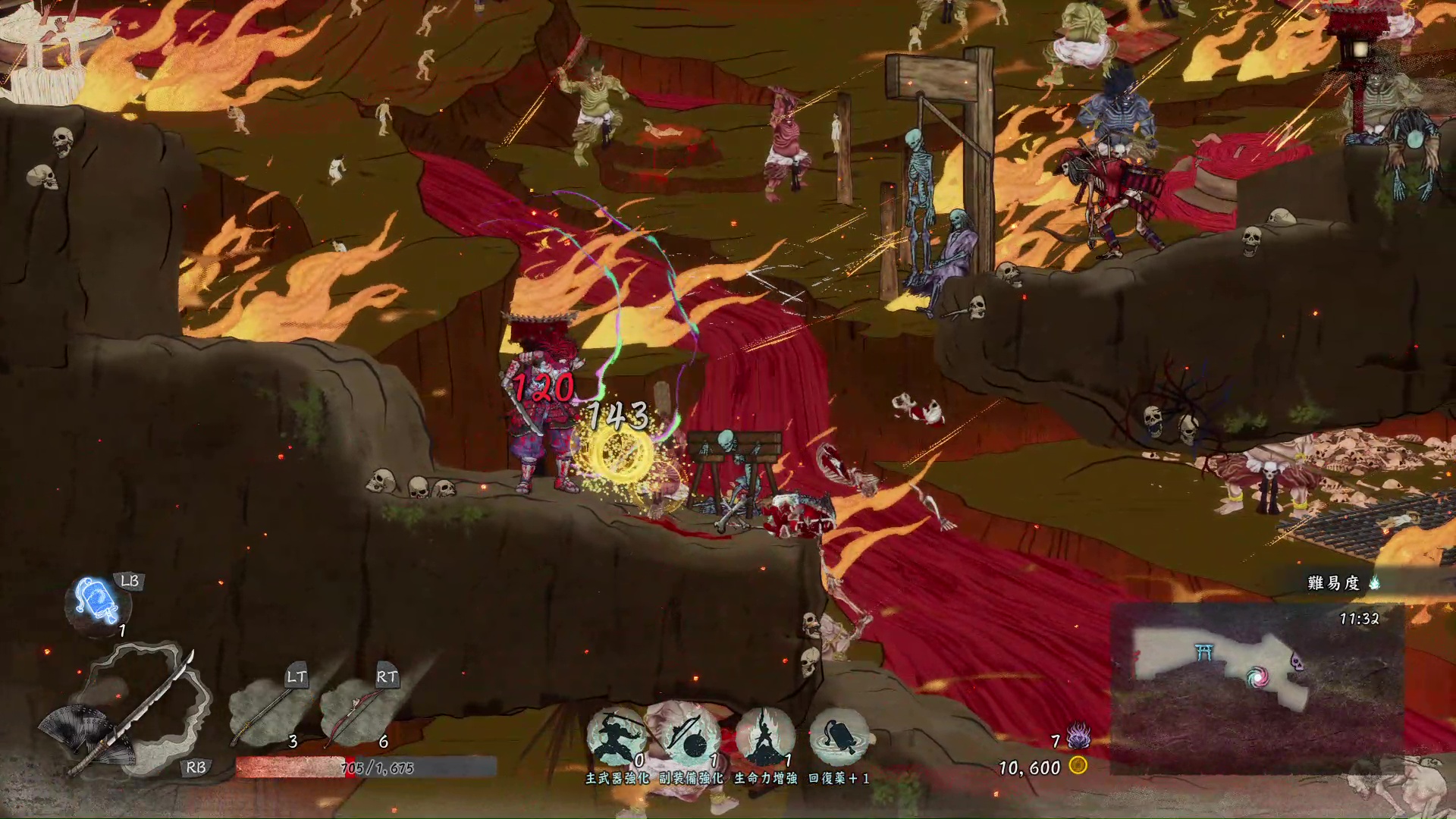 月風魔のダメージは赤い数字にて表示される。回復手段が少ないので、最低限のダメージとなるように立ち回りたい