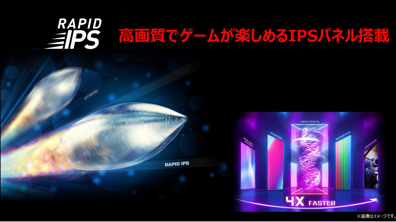 RAPID IPSパネルを搭載し高画質・広視野角を確保しつつ応答速度1ms（GTG）を実現している