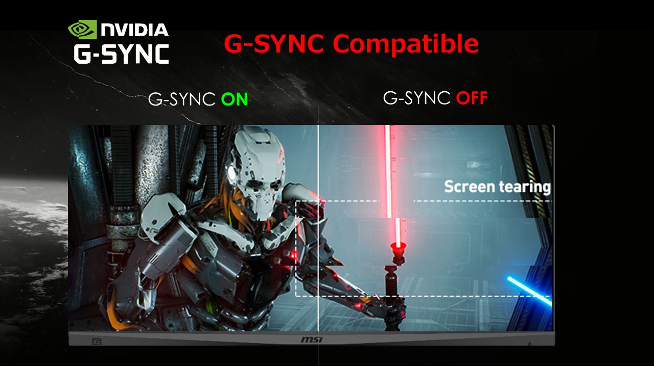 G-SYNC Compatibleに対応。対応のビデオカードとDisplayPortケーブルで接続することにより、カクつきやティアリング現象を抑え流れるような滑らかな表示が可能となる