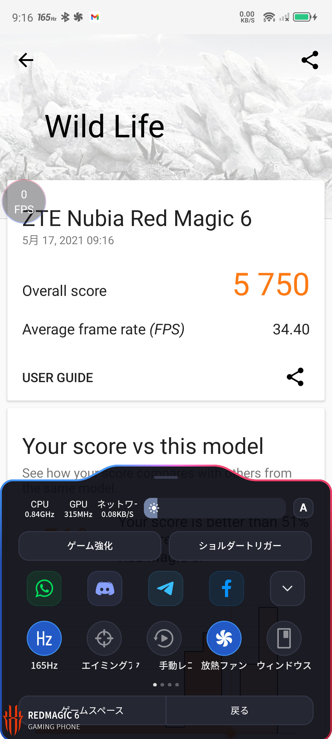 新規追加の「Wild Life」では5,750をマーク。ところがこの時、設定をデフォルトの「スマート調節」のままにしていたのだ