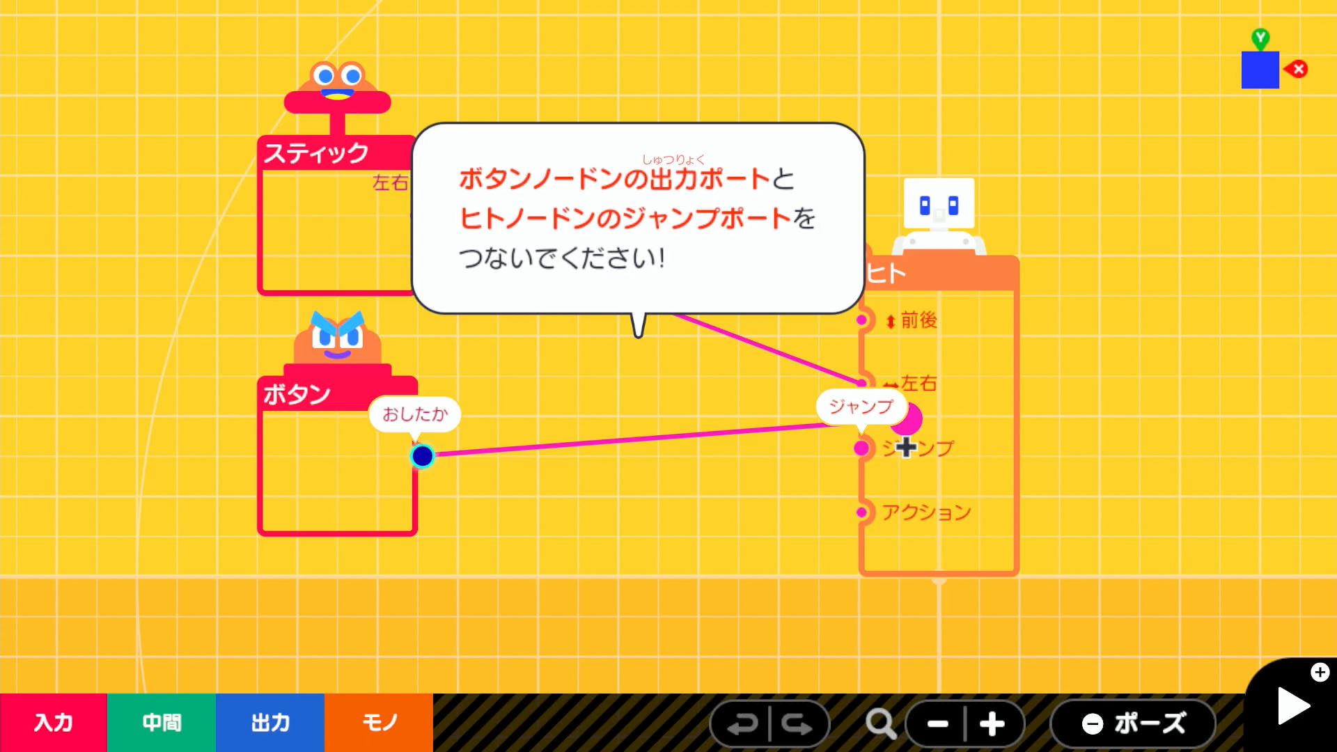 ボタンノードンの出力ポートとヒトノードンのジャンプポートを繋ぐ