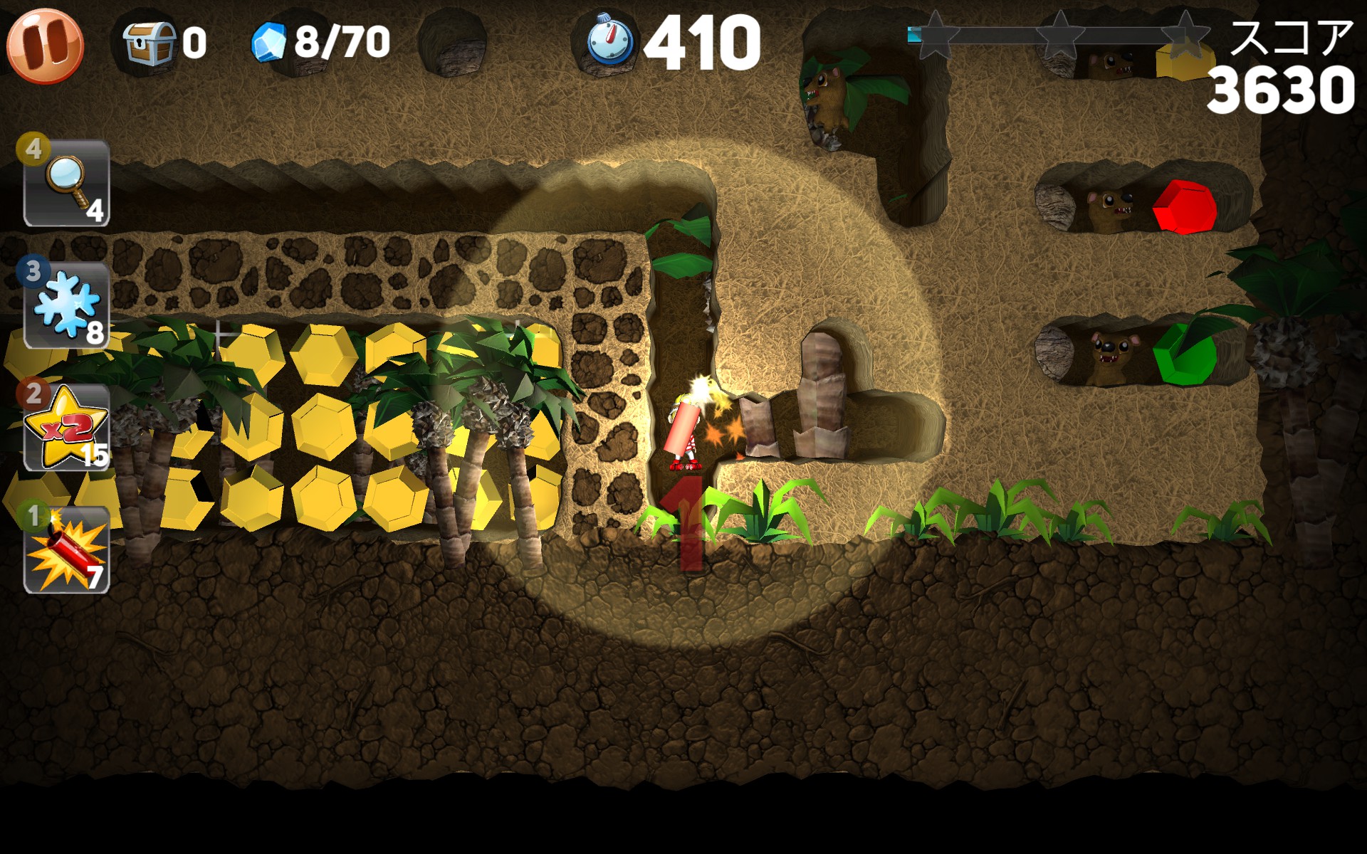 ダイナマイトは文字通り、設置した場所の周囲3×3マスを爆風で吹き飛ばす。岩石で閉じ込められてしまった場合や、ジェムが動かすことのできない岩に囲まれている場合などには、これを使えば即解決。手軽に問題を解決できるため、一番お世話になるアイテムだ