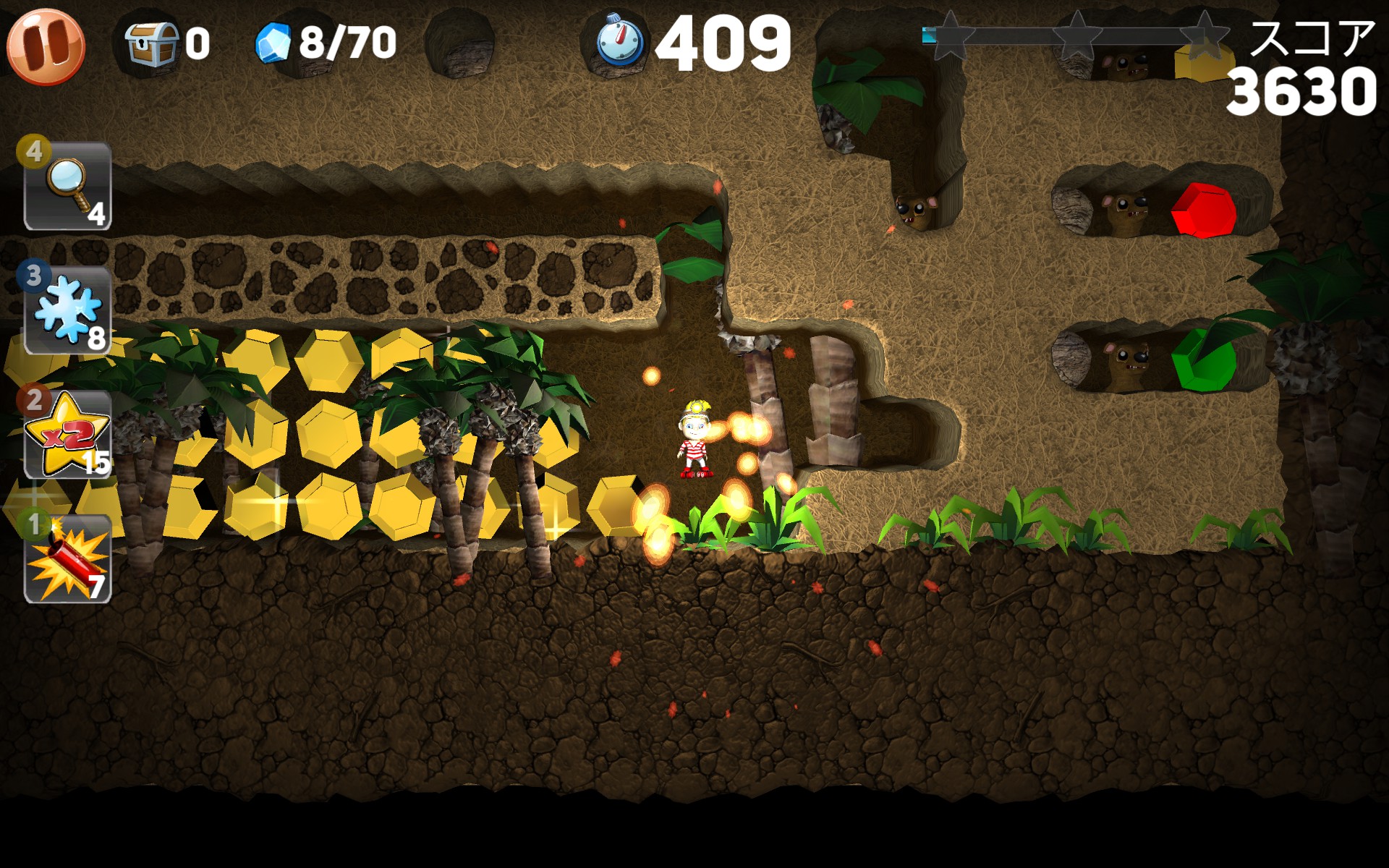 ダイナマイトは文字通り、設置した場所の周囲3×3マスを爆風で吹き飛ばす。岩石で閉じ込められてしまった場合や、ジェムが動かすことのできない岩に囲まれている場合などには、これを使えば即解決。手軽に問題を解決できるため、一番お世話になるアイテムだ