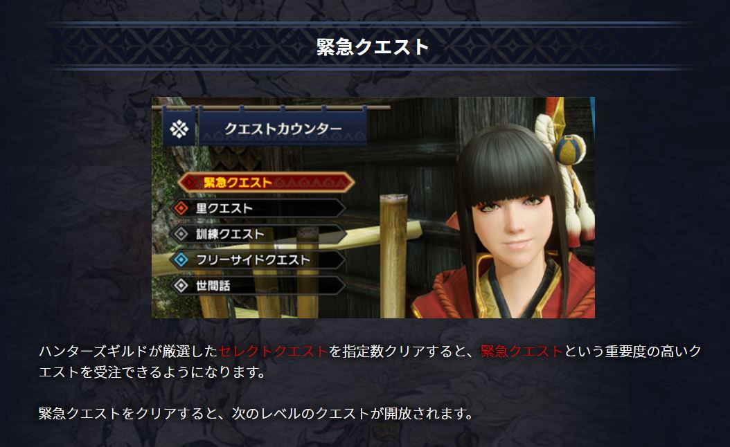 「モンハン」シリーズの緊急クエストは特定のクエストをクリアすることで出現し、緊急クエストをクリアするとより難易度の高いクエストに挑戦できるようになる