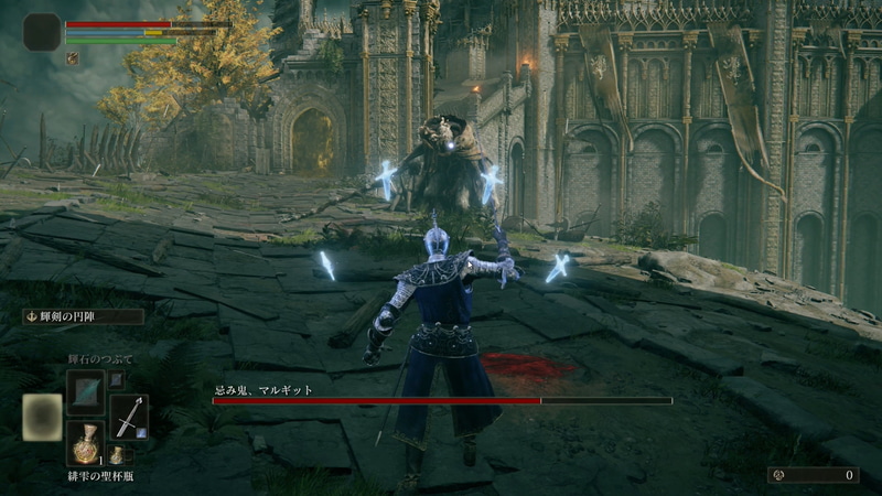 輝剣の円陣を使用すると、プレーヤーの周囲に4本の剣が浮かぶ。「追尾するソウルの塊」ほど追尾力は高くないが、4本すべて当たれば、かなり威力は高い。