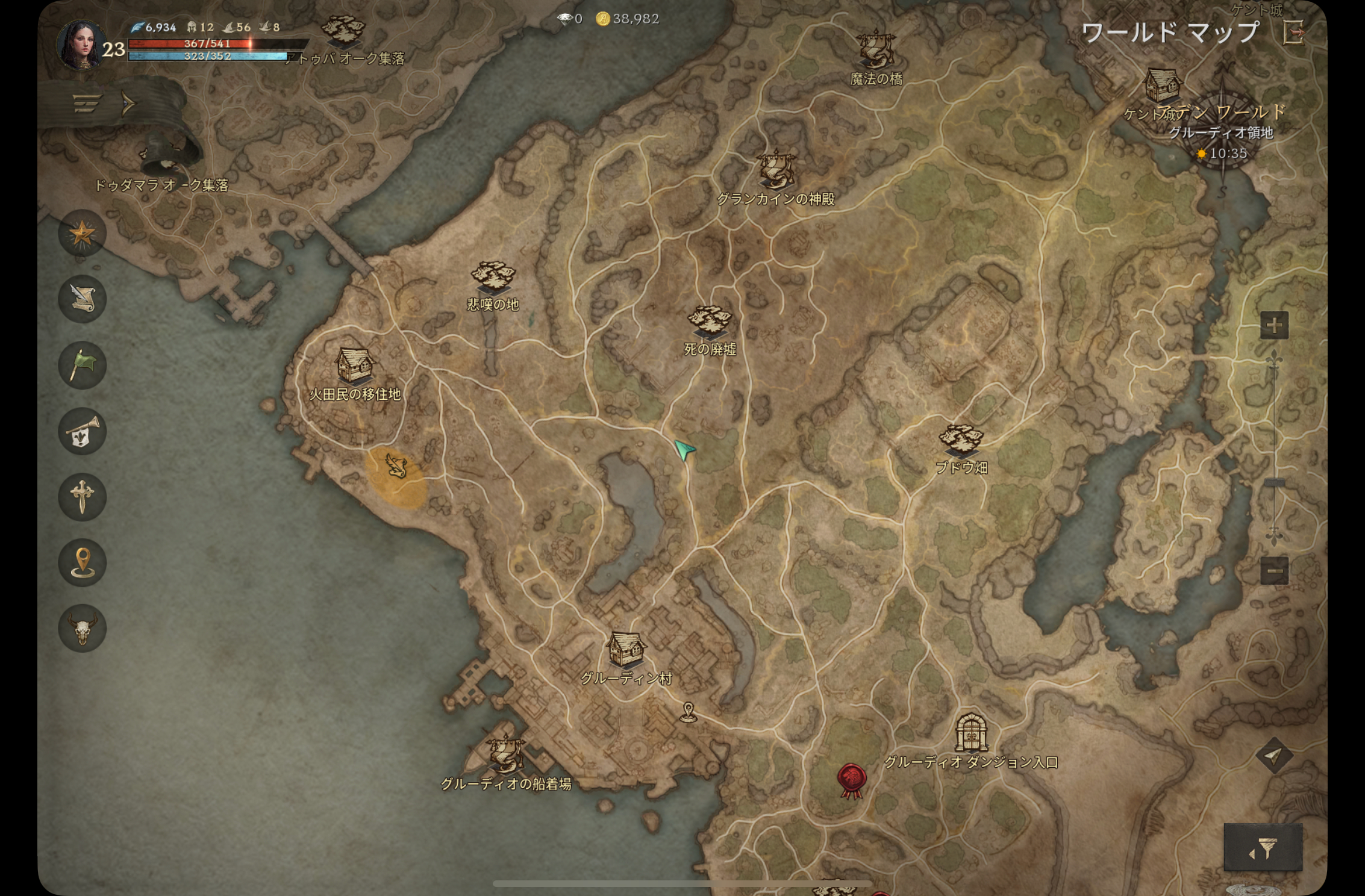 地図上では、メインクエストで行くべき場所は巻物で、依頼掲示板から請け負った件については赤い勲章で表示される。掲示板でクエスト遂行地域確認を行い、足跡マークをタップすることで自動的にその場所へと移動する。アデナに余裕があるなら、アデナを使用してテレポートすることも可能だ。