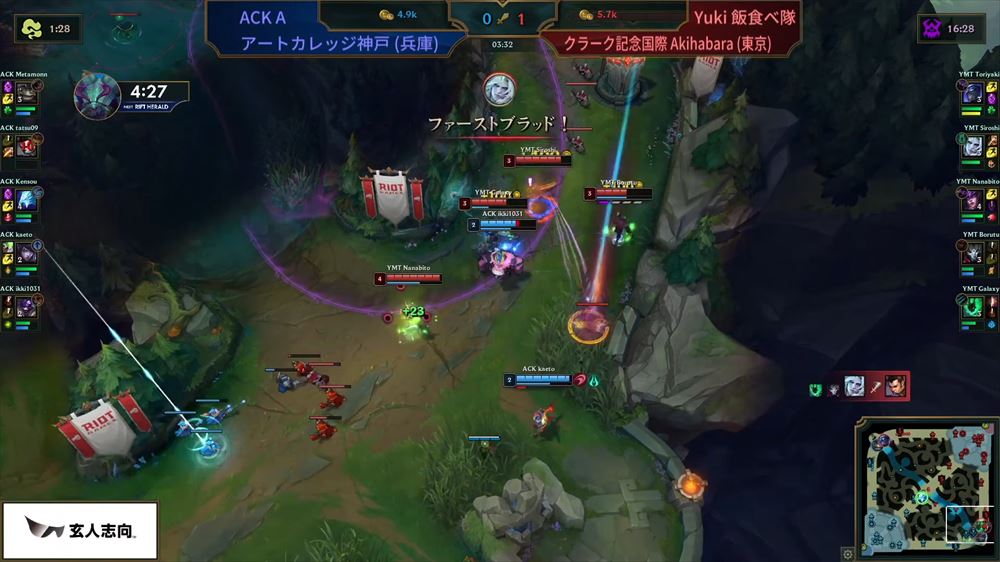 試合開始から僅か3分。「Yuki飯食べ隊」による敵のガンクに対するカウンターのプレイ。このプレイで築いた有利を手放さなかった