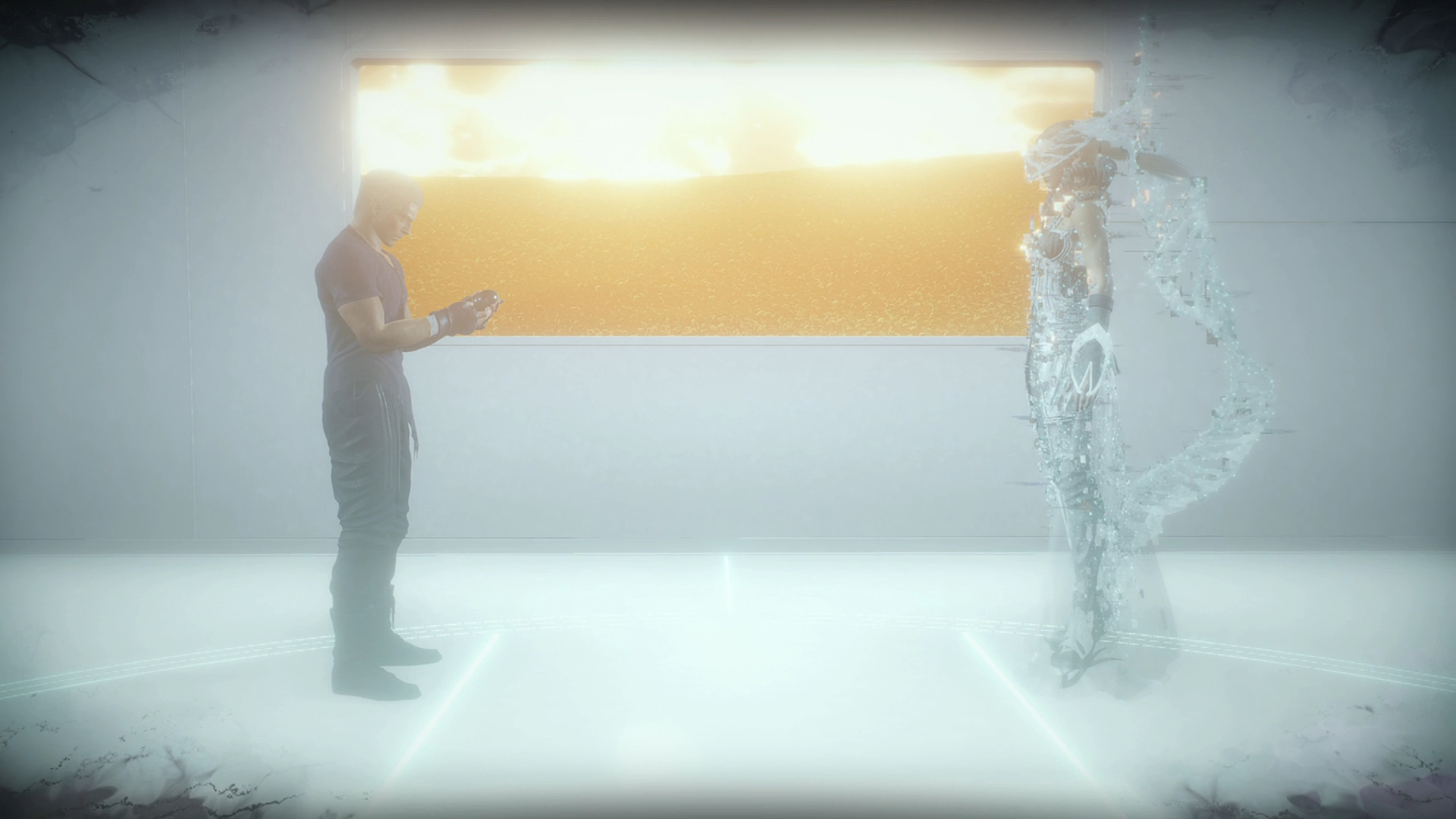 水晶を渡すルフェイン人とジャックの関係は――無機質な白い部屋の向こうには黄金色の草原が広がっている