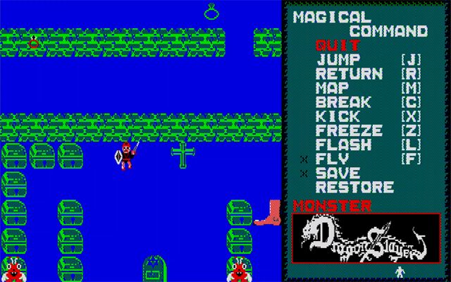 経験値が増えると、一定数値に到達するごとに新たな魔法が使えるようになる。リターンキーを押すと、その時点で使用可能な魔法が分かるので常に確認しておこう。頭に×が付いている魔法は、その点では使えないもの。家に即座に帰れるリターン、ブロックを壊せるブレークやキック、自由に移動できるフライ、敵を一瞬で凍らせるフリーズなど、とにかく便利なものが揃っている