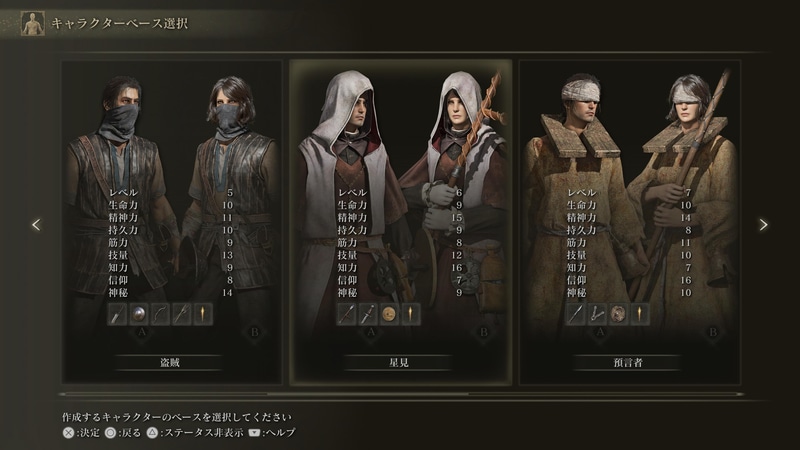 星見の初期ステータス。知力が最初から16振られている。