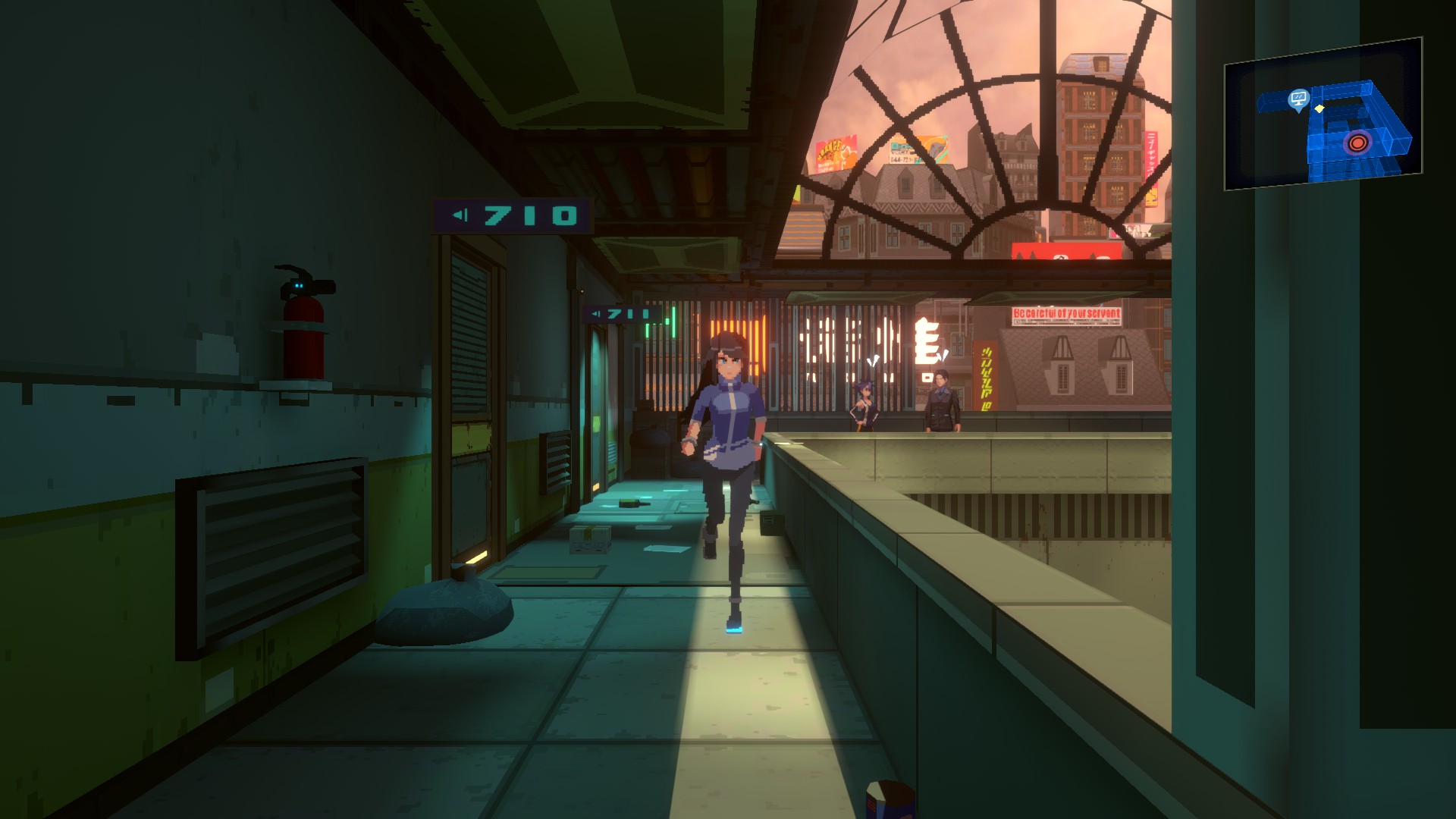 例えば、住宅の前にある廊下は、吹き抜けを囲むような形になっている。この廊下を、左右だけでなく手前や奥にも移動して進むことができる