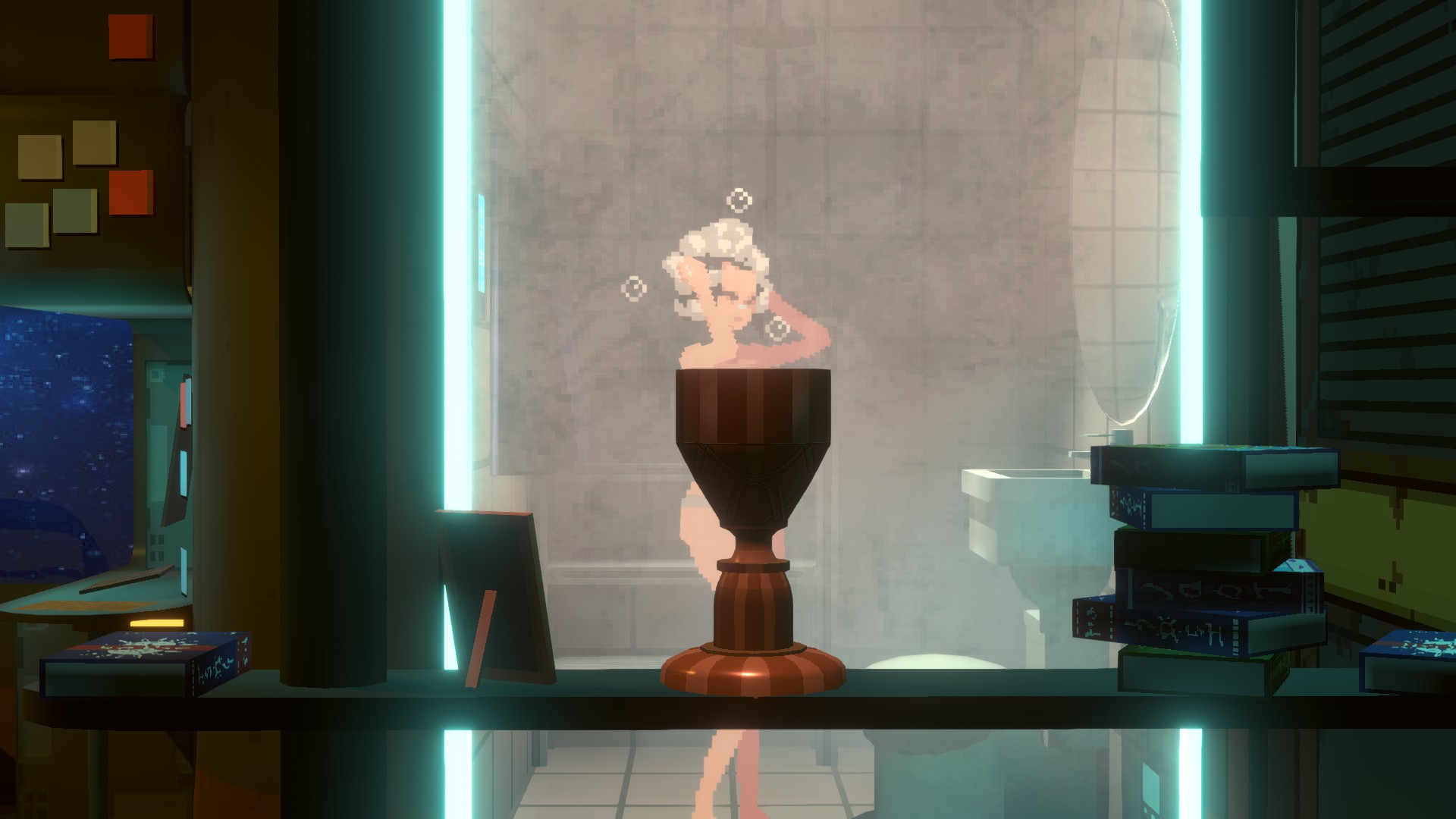 シャワーシーンの体の隠し方が天才的で思わず笑ってしまった。開発チームは「攻殻機動隊」や「エヴァンゲリオン」などからインスピレーションを受けているようで、オマージュ要素も隠されているかもしれない