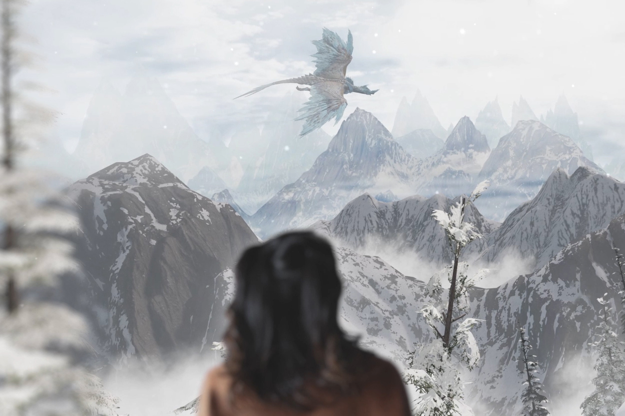 ゲストの視線のはこんなイメージ。もちろん上下左右全景を見渡せる。山の向こうに飛ぶ姿はビジュアルにも登場しているあのモンスター！