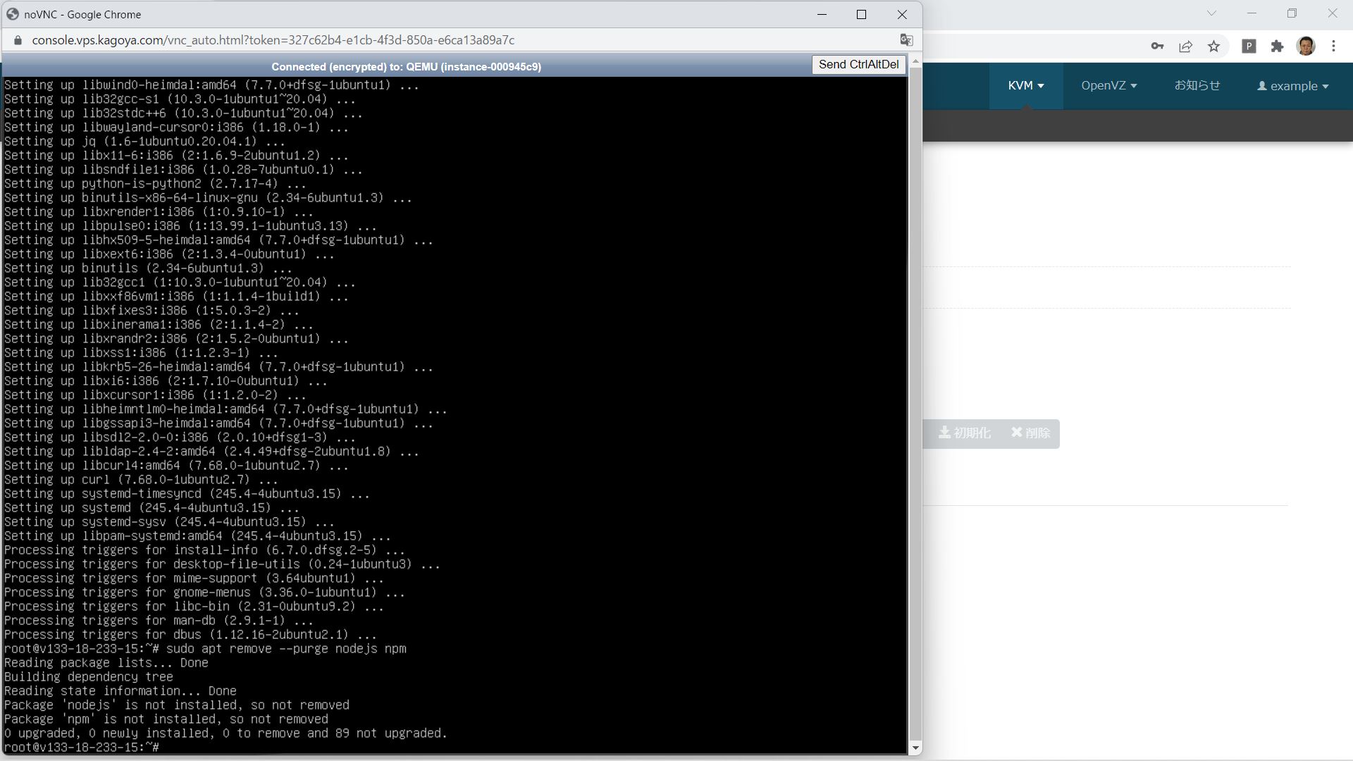 「sudo apt remove --purge nodejs npm」と入力する