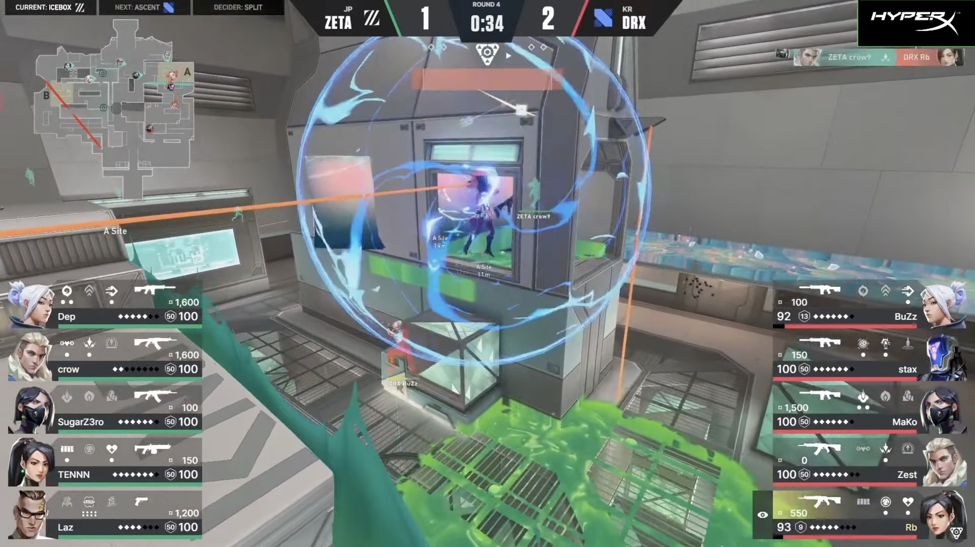 SugarZ3ro選手・ヴァイパーのスネークバイトとcrow選手・ソーヴァのショックボルトによるスパイク設置阻止。姿が見えていない敵を倒すスーパープレイ