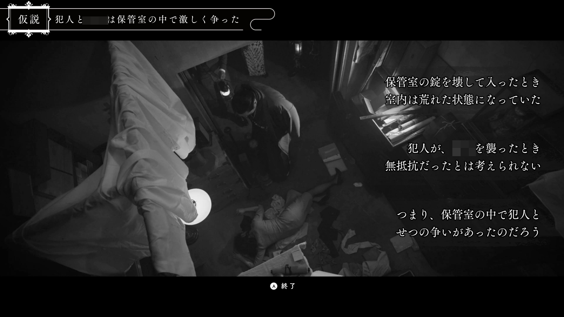 被害者が倒れていた保管室は荒らされていた。それは被害者が荒らしたのか、それとも犯人だろうか？　仮説は相反するものも