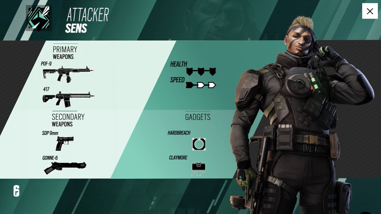 Sensのロードアウト。補強された壁に穴を開けられるハードブリーチングチャージも所持