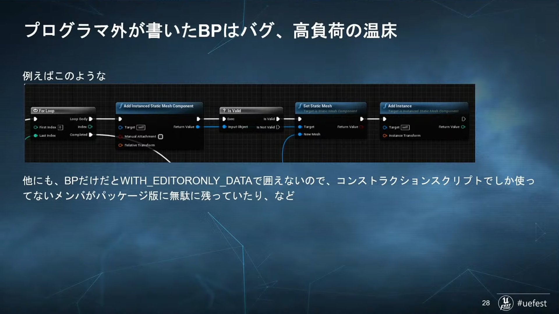 実際に使用された配置物を例に解説が行なわれる。ランドマーク以外のビルはほぼ全てこのクラスで作られているため一点物のメッシュが少なく、それでいて同じメッシュであってもマテリアルがランダムで違うモノになることで全く同じビルも存在しないという軽さとバリエーションの多さの両方を担保する素晴らしい仕様となっている