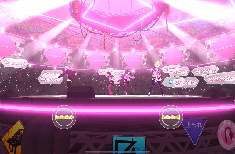 実際のライブでは、楽曲に合わせて合いの手を入れたりコールを行なうことがあるが、コネクトライブでは合いの手を入れるタイミングでは“CLAP”のアイコンが、コールの場面なら楽曲に合わせた文字が書かれたアイコンが、それぞれ表示される。コールのアイコンをタップすれば、画面下に吹き出しが出る仕組みだ