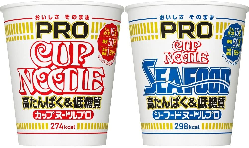 おいしさそのまま、高たんぱく&低糖質を実現。「カップヌードル」・「シーフードヌードル」に比べ糖質を50%オフ。たんぱく質は15g。1日分の食物繊維入り