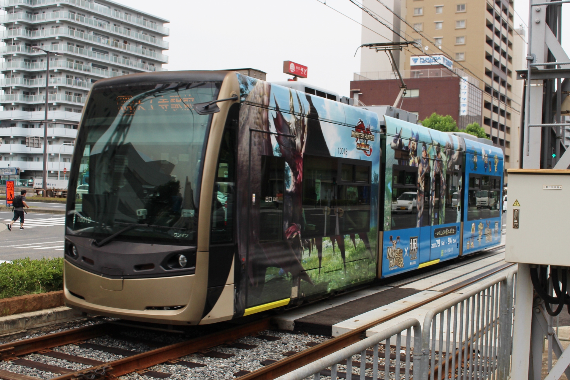 さかい利晶の杜の近くを通る阪堺電車では、ラッピング車両が走っている