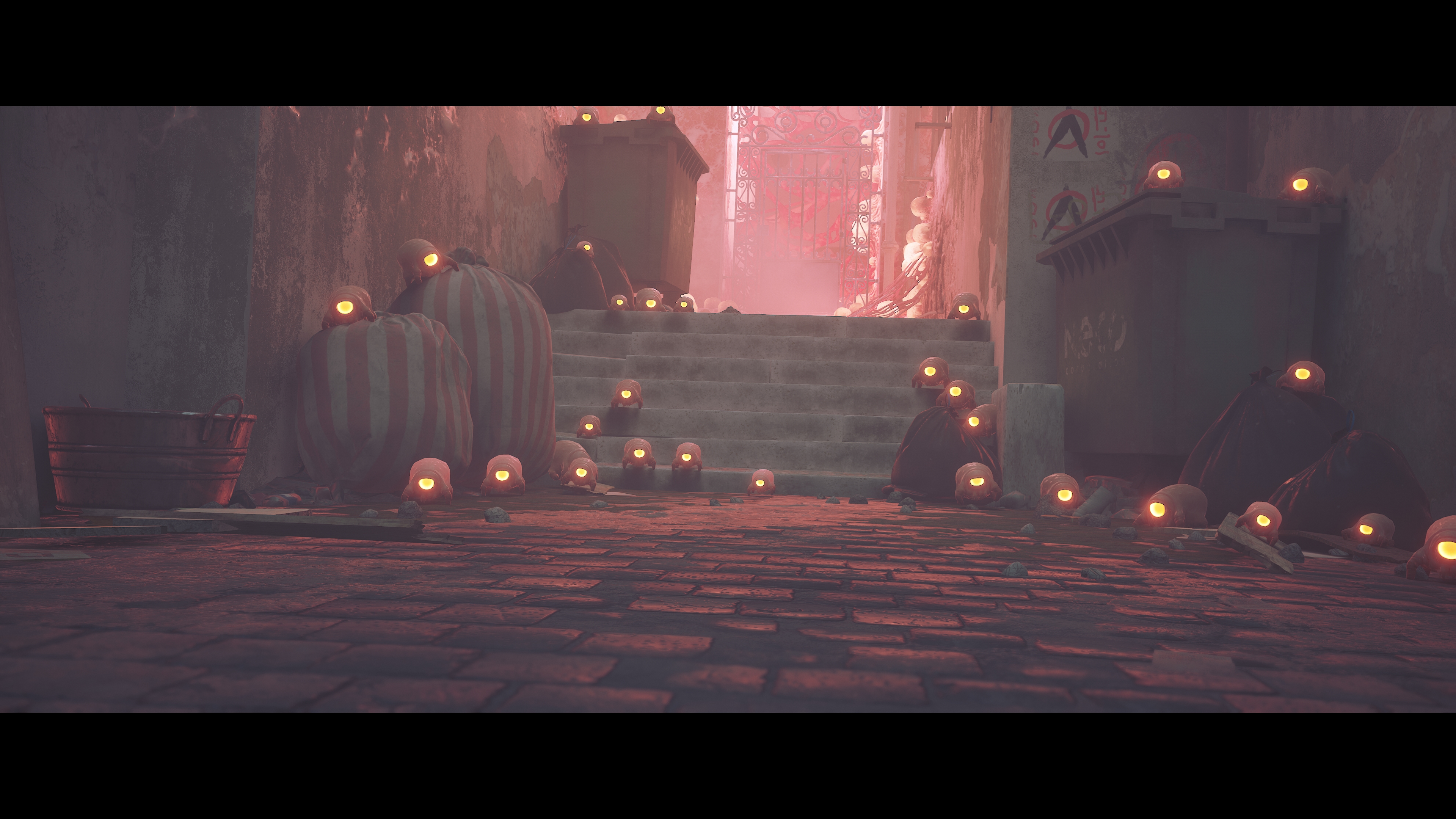 ZURKの群れ。一つしか目がない、四つ足のクリーチャー。食いつかれると○ボタンで払うこともできるが、あまりたくさんのZURKに食いつかれると振り払えないままデッドとなる