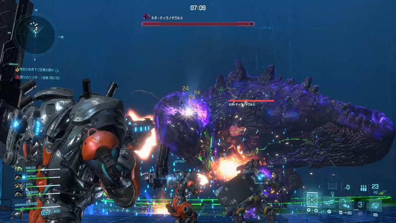 敵チームとも協力して挑む「ネオ・ティラノサウルス討伐」ミッションは総勢10名のプレーヤーが1つの目的のために協力する激熱なミッション！ 一撃死の攻撃や長考範囲攻撃などを乱発してくるため各々が全力で自分のロールを全力で遂行してやっと勝てるほどの強力なボス戦となっている……！