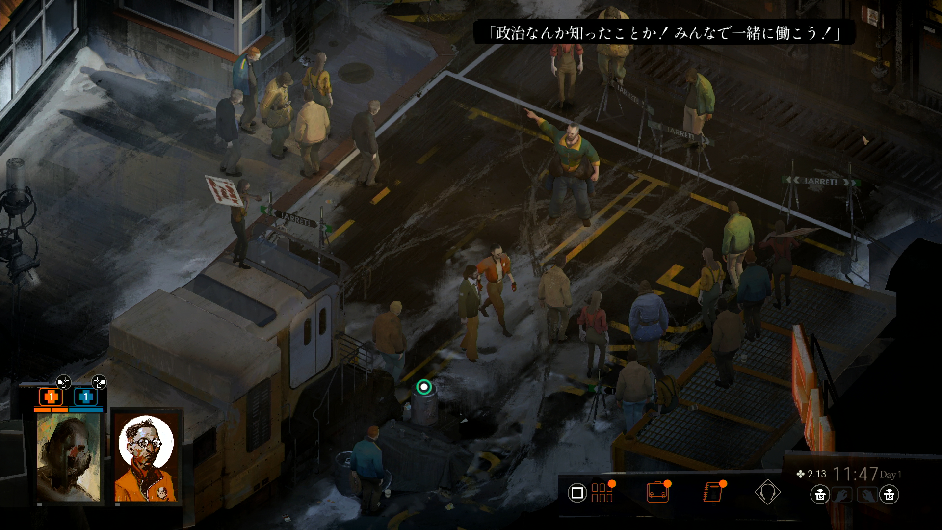 憤る労働者と、彼らを閉め出す工場担当者。なんとか先に進みたいが……