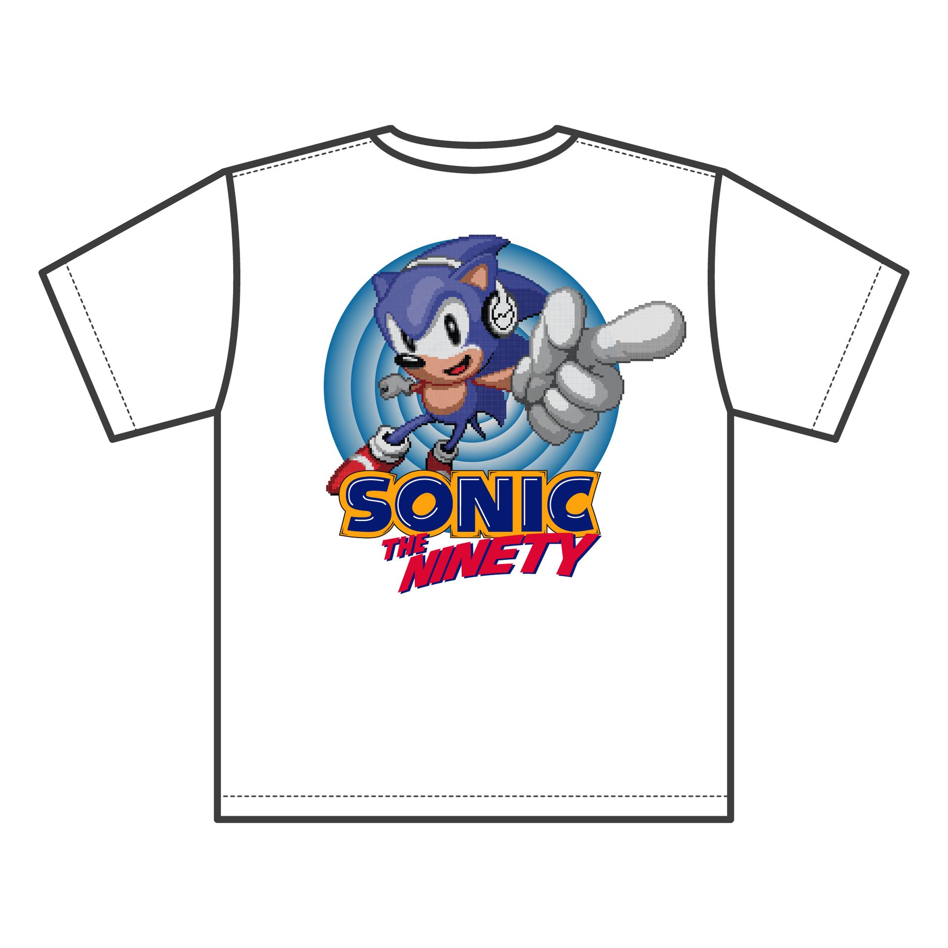 フロントにコラボ仕様の＜SONIC THE NINETY＞ロゴ、バックにはヘッドホンを装着した「ソニック・ザ・ヘッジホッグ」が特徴的なアイテム。「ソニック・ザ・ヘッジホッグ」はピクセルアートで表現され、90年代の雰囲気を彷彿とさせるデザインになっている