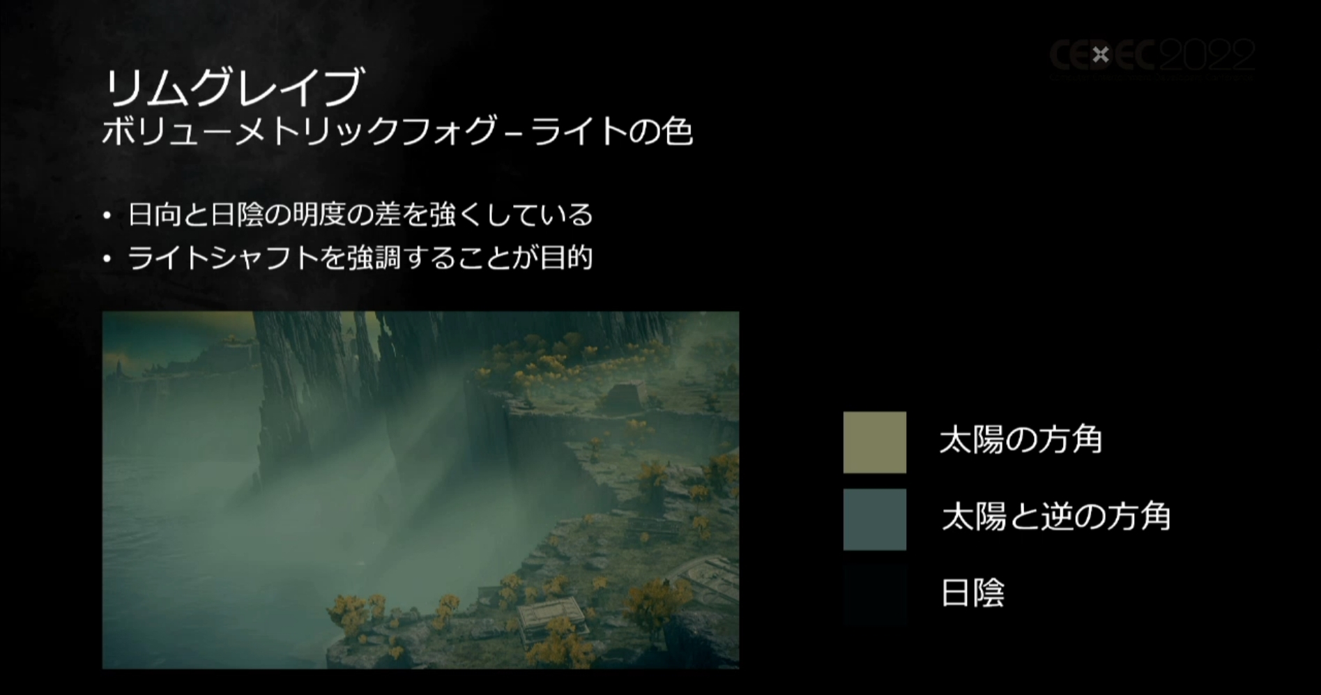 方角によってフォグに異なる色を設定。日向と日陰のコントラストを強くし、ライトシャフトを強調。崖が単調に見えないようにする