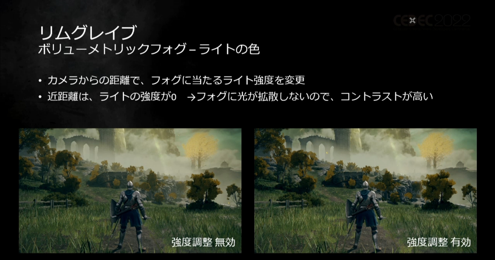 カメラからの距離でフォグに当たるライトの強度を調整。画面の奥行を強調する。画面の手前側はくっきりと見やすく、遠景はかすんだ立体感が演出できる