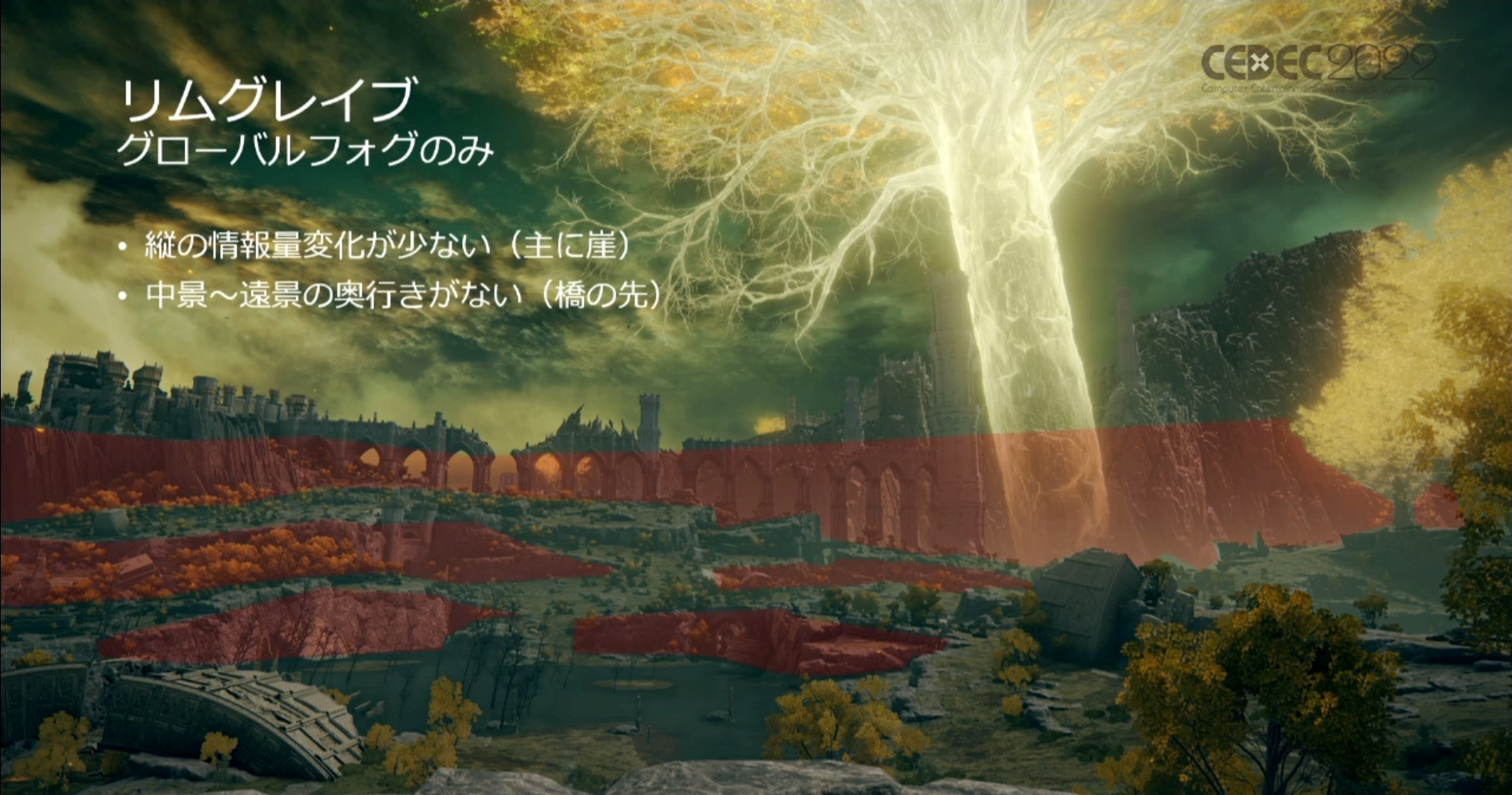 スカイボックスとグローバルフォグのみを適用した状態。手前の奥行があるが赤色で示す遠景の情報量が少ない