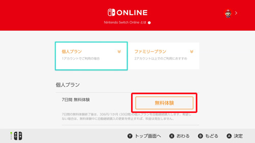 7日間無料体験を選択すると、体験可能となる。表示されていない方は、以前に利用したことなどが考えられるため、Switch Onlineへの加入を検討しよう