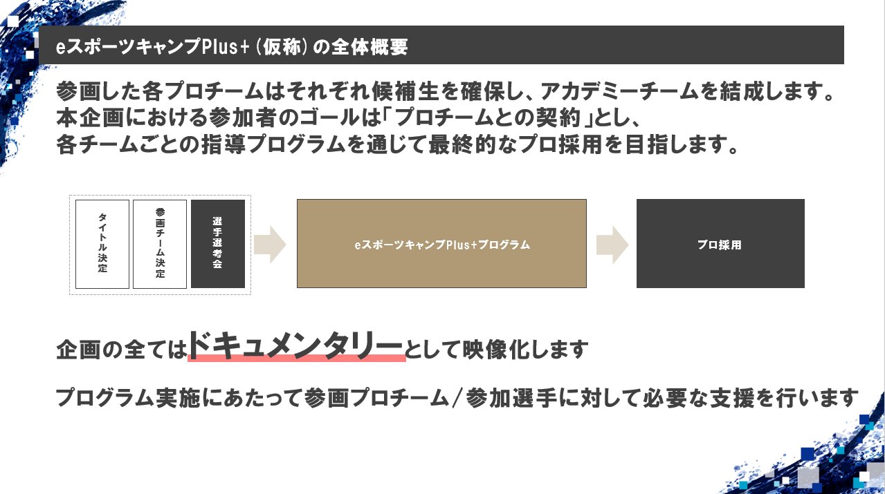 eスポーツキャンプと名前は似ているがまったくの別物。こちらはプロを視野に入れた養成プログラムとなる