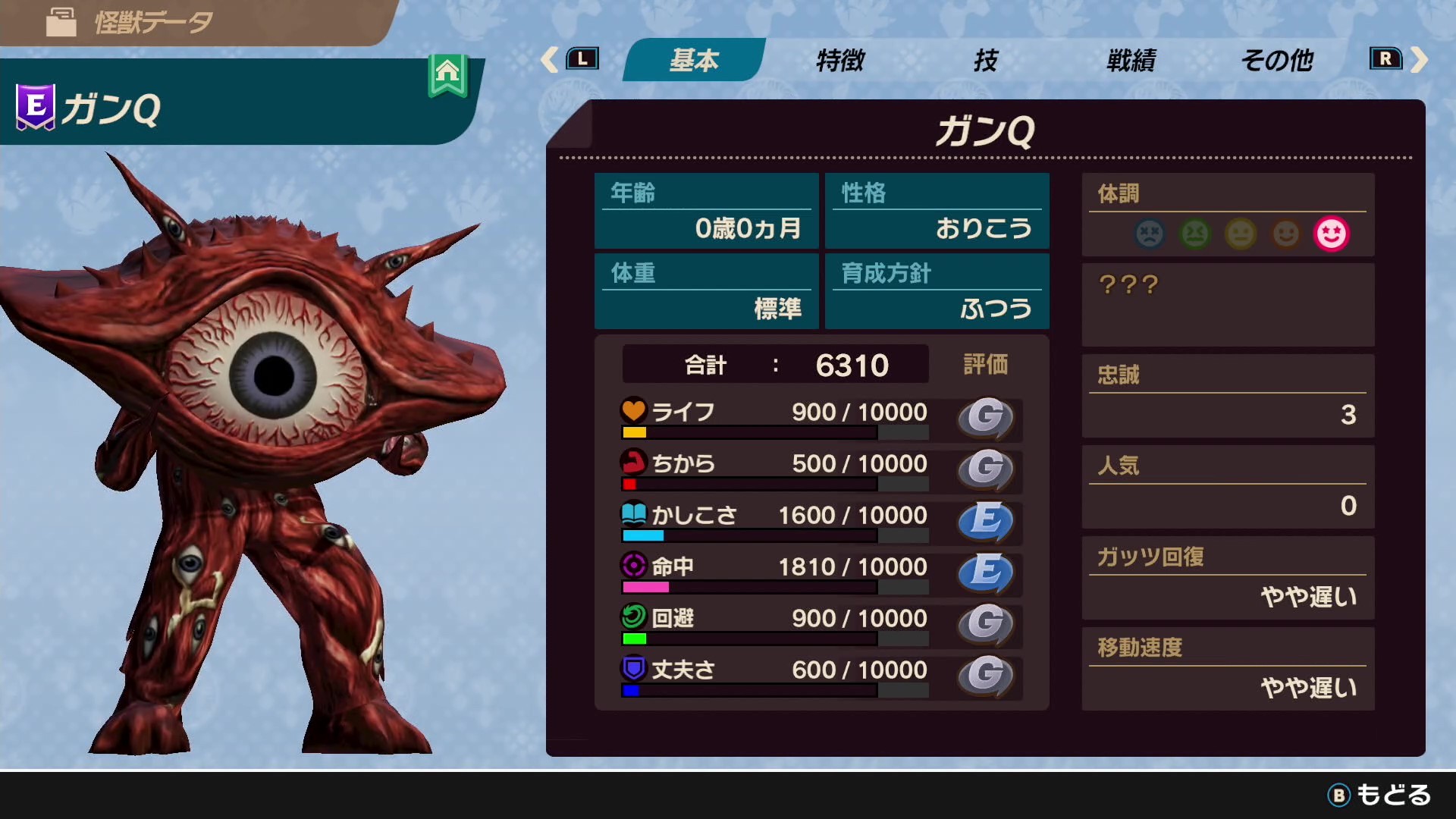 ガンQの初期能力。見た感じ「かしこさ」と「命中」が伸びやすい怪獣のようだ