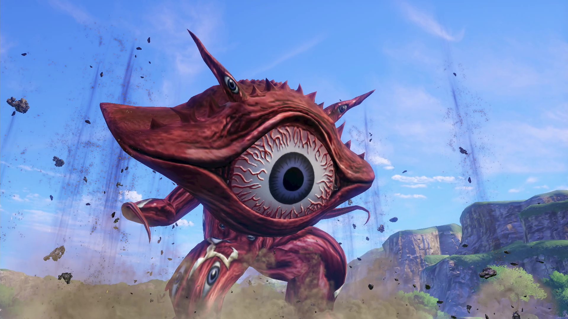 バトル前の入場シーン。怪獣が空から降ってきて地面を揺らす