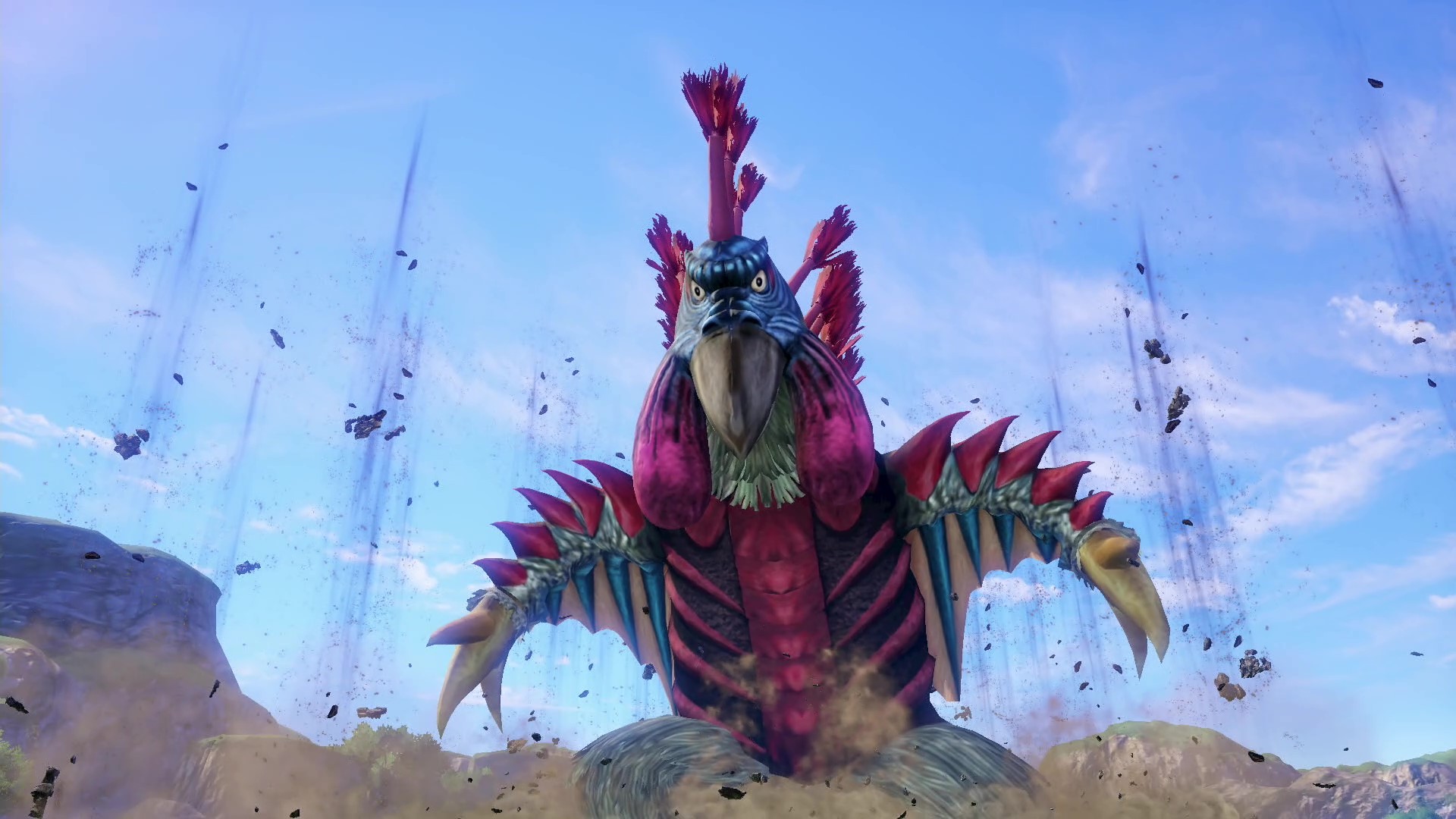 バトル前の入場シーン。怪獣が空から降ってきて地面を揺らす