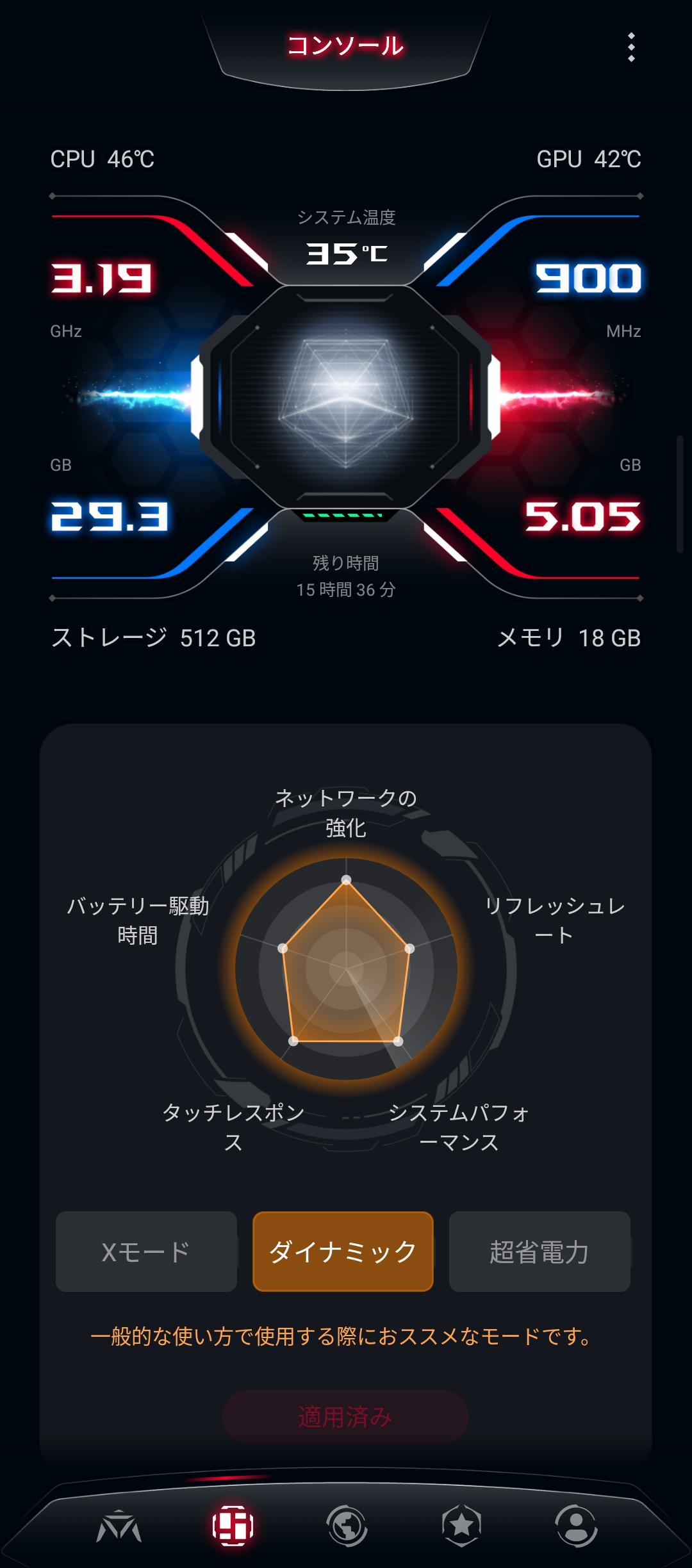 プリセットの切り替えでゲームプレイに最適な「Xモード」や長時間駆動するための「超省電力」などのモードに簡単に切り替えられる