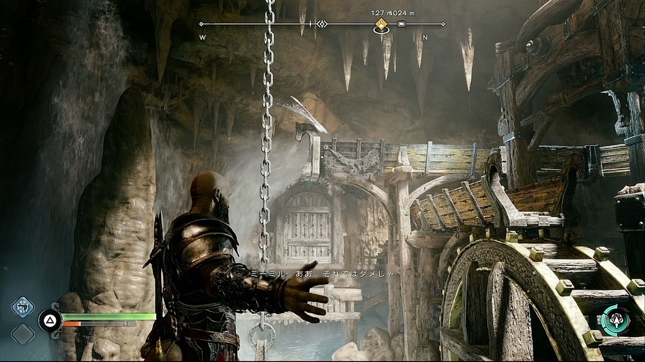 謎解きのギミックも見方がセリフやアクションでサポートをしてくれる。緑色に光るオブジェクトはアトレウスの音波の矢でしか破壊できない