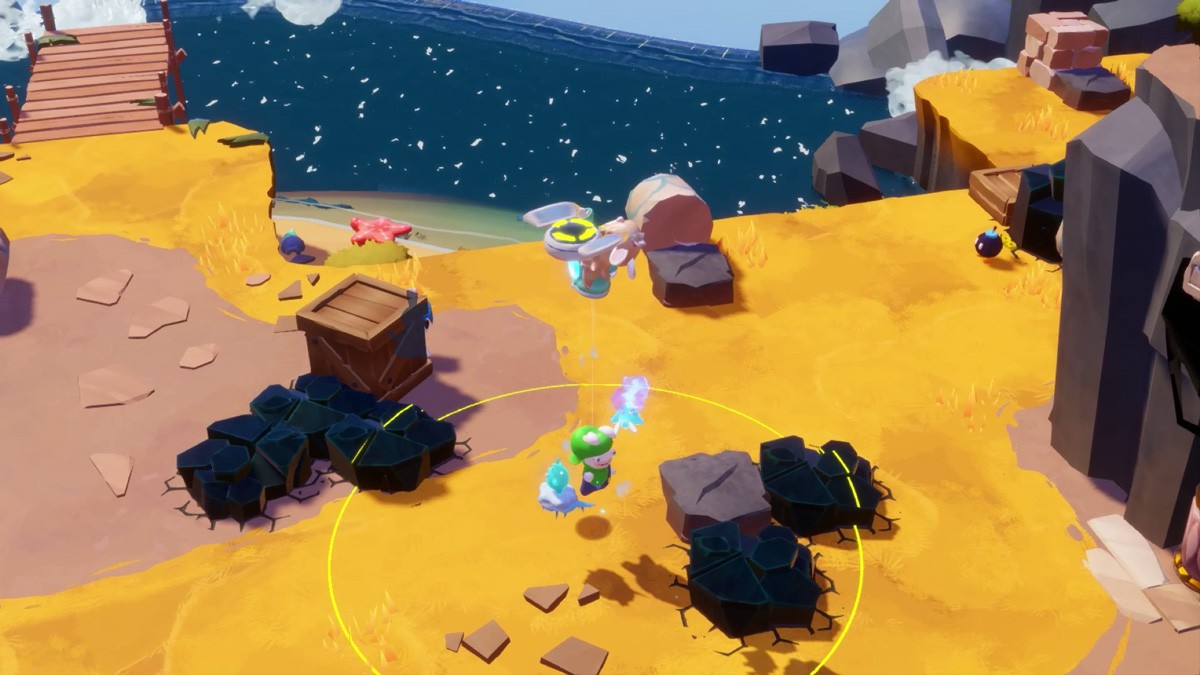 近くにいるラビッツルイージと協力してジャンプ！