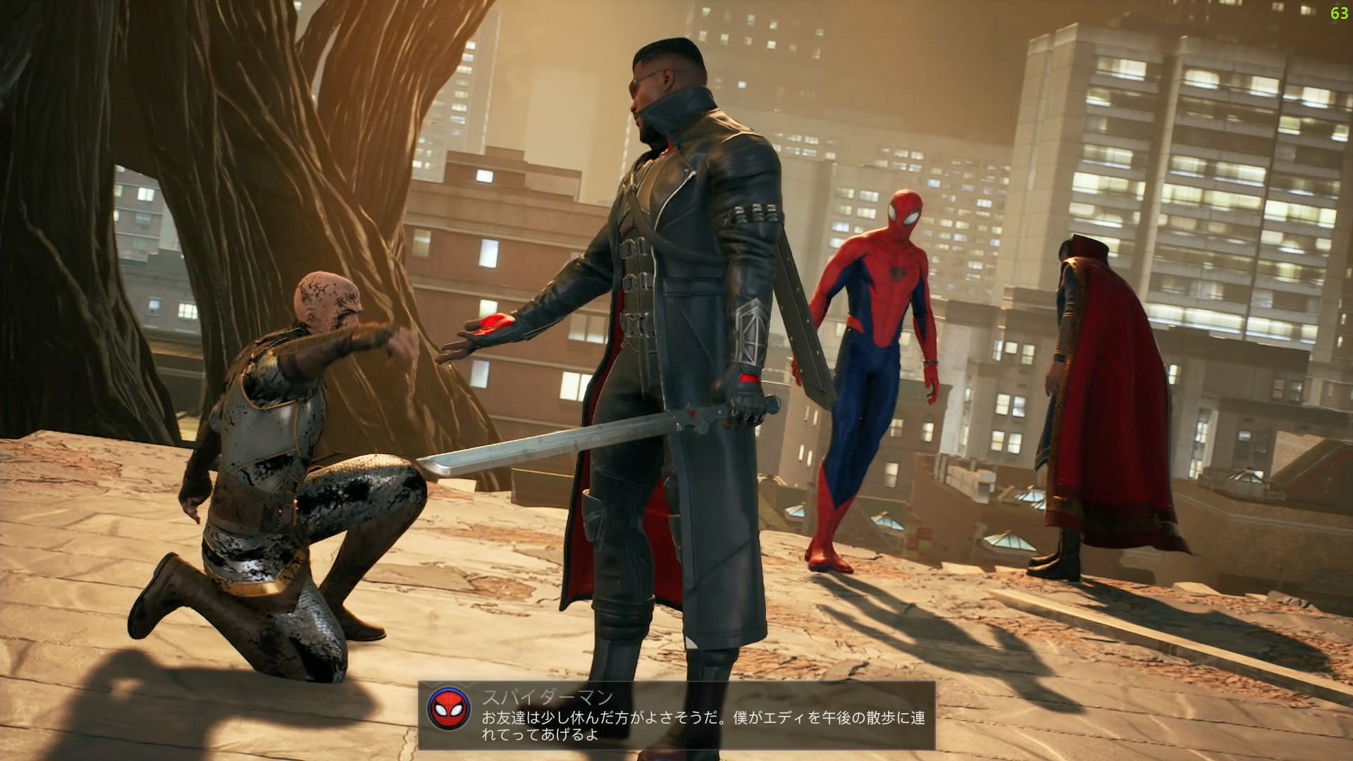 スパイダーマンやブレイド、ドクター・ストレンジと共闘するプレーヤーの外見をした主人公のハンター。確かに馴染みのスキンヘッドさんが画面内にいるととても落ち着く