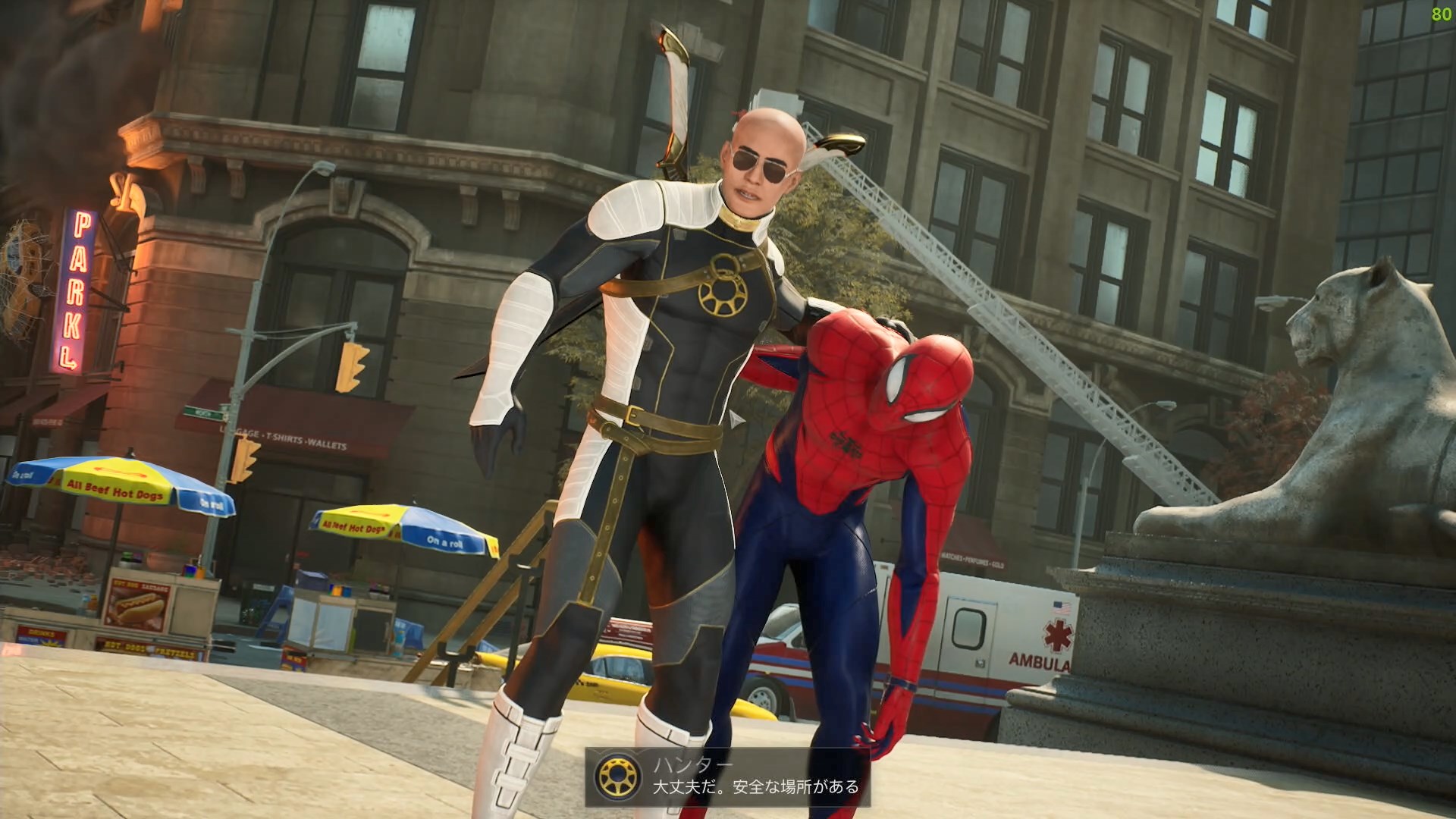 カットシーンでもカスタムしたハンターの姿で楽しめる。自分のこの手でスパイダーマンを助けられる日がやってこようとは……