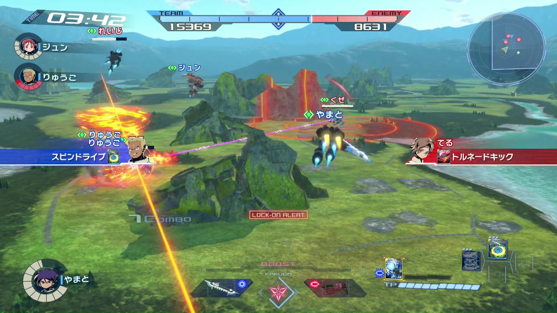 画面上にあるのが戦力ゲージ。相手側の機体を倒して数値を減らし、0にすれば勝利