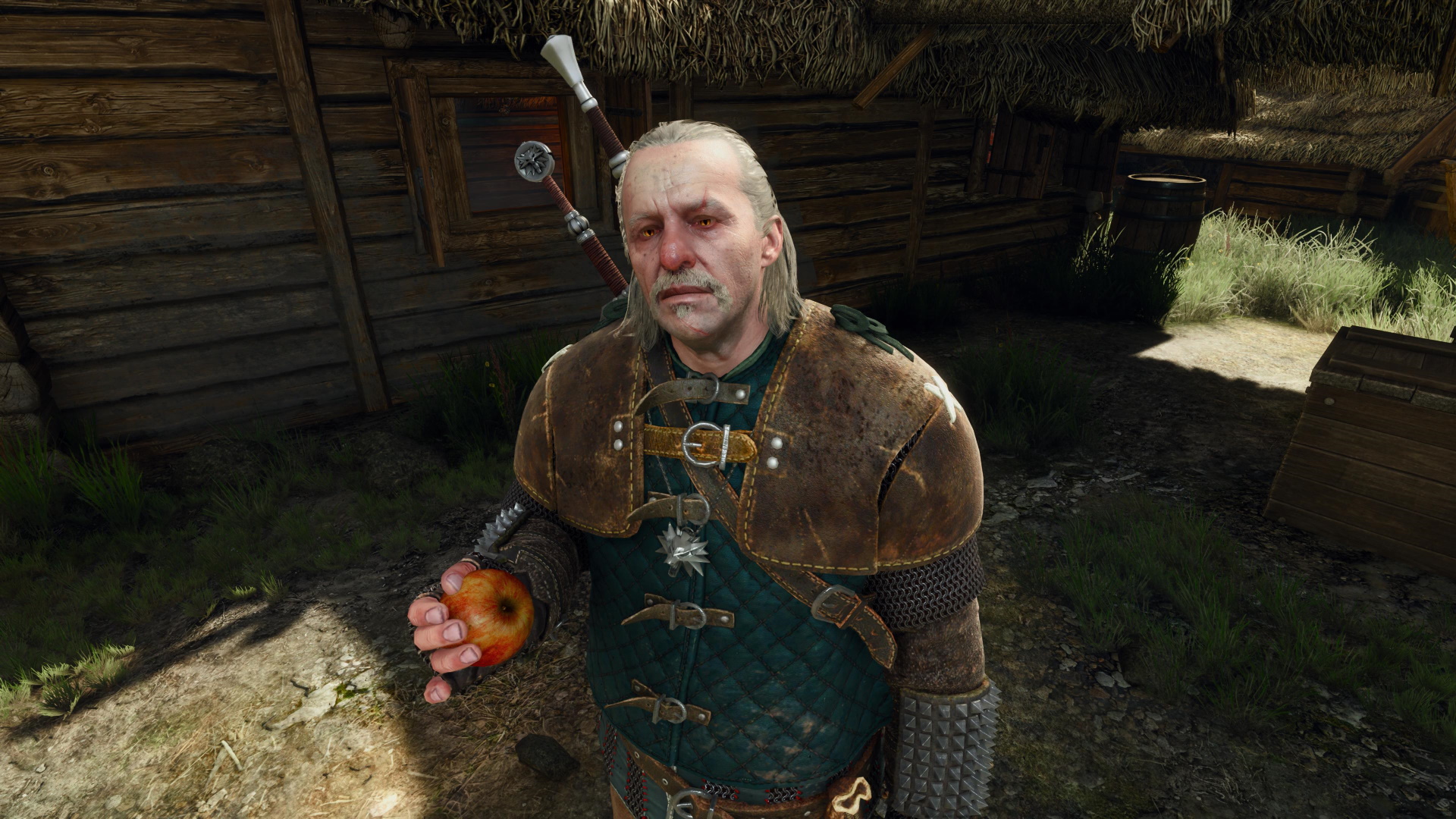 最年長ウィッチャー・ヴェセミルの1枚。食べているのはリンゴのようだ