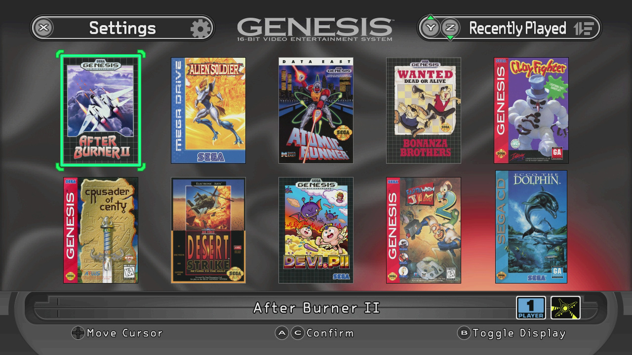 メニュー画面の仕様はメガドライブミニ2と同じ。言語を日本語に切り替えれば背景やパッケージの表記も変わる