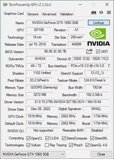 元々搭載されていたGeForce GTX 1060 3GB版のスペック。GeForce GTX 1060 6GB版のCUDAコアは1,280個だが、3GB版では1,152個へ減らされている。本製品では、ベースクロックとブーストクロックが通常よりも少し高く設定されている
