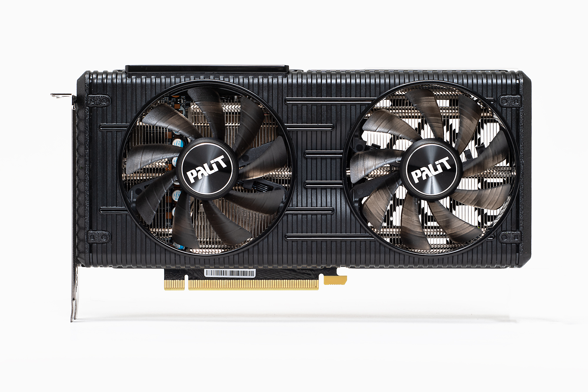 「RTX 3060 Ti Dual」の表面。ファンは2つで、カード長は247mmである。外見は「RTX 3060 Dual」とほぼ同じ