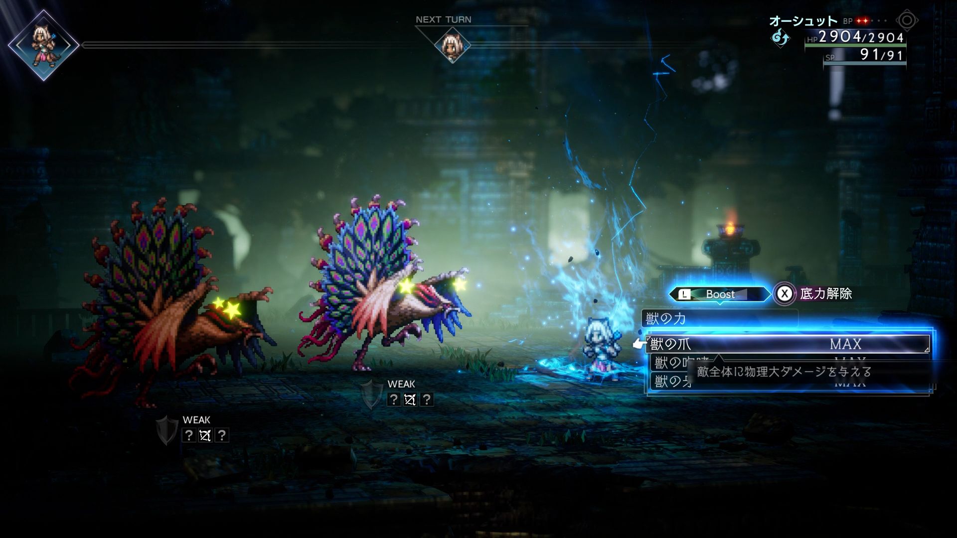 敵全体に物理大ダメージを与える「獣の爪」、敵単体に物理特大ダメージを与える「獣の牙」など、オーシュットの強力な専用アビリティが使用可能になる